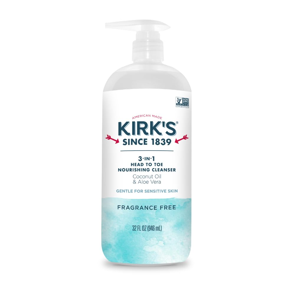 Kirk's 3-in-1 head-to-toe cleanser bottle pour for quick, fragrance-free daily cleansing.