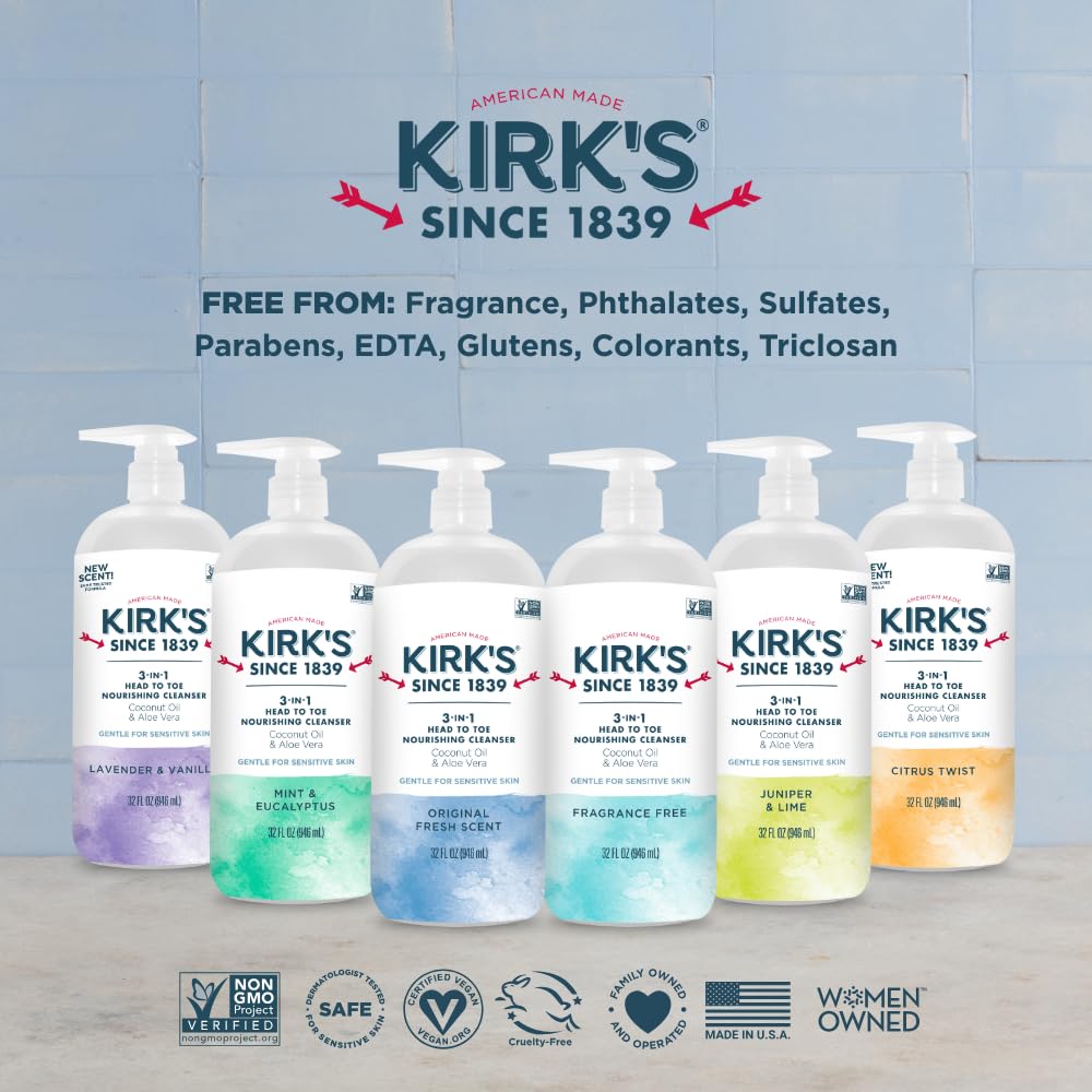 Kirk's 32 oz pump bottle in view suggests long-lasting value for family bathrooms.