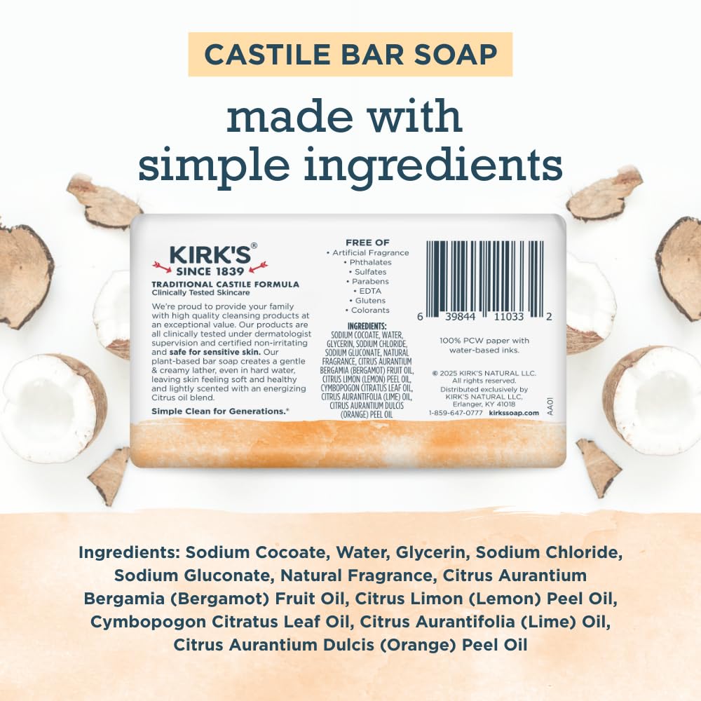 Kirks Castile Citrus Twist close-up with creamy lather for gentle daily cleansing.