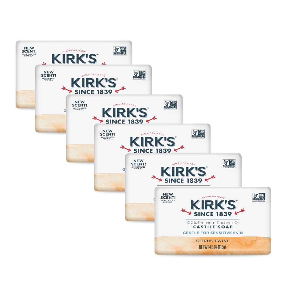 Kirks Castile Citrus Twist six-pack on shelf shows vegan, non-GMO cleansing for the whole family.