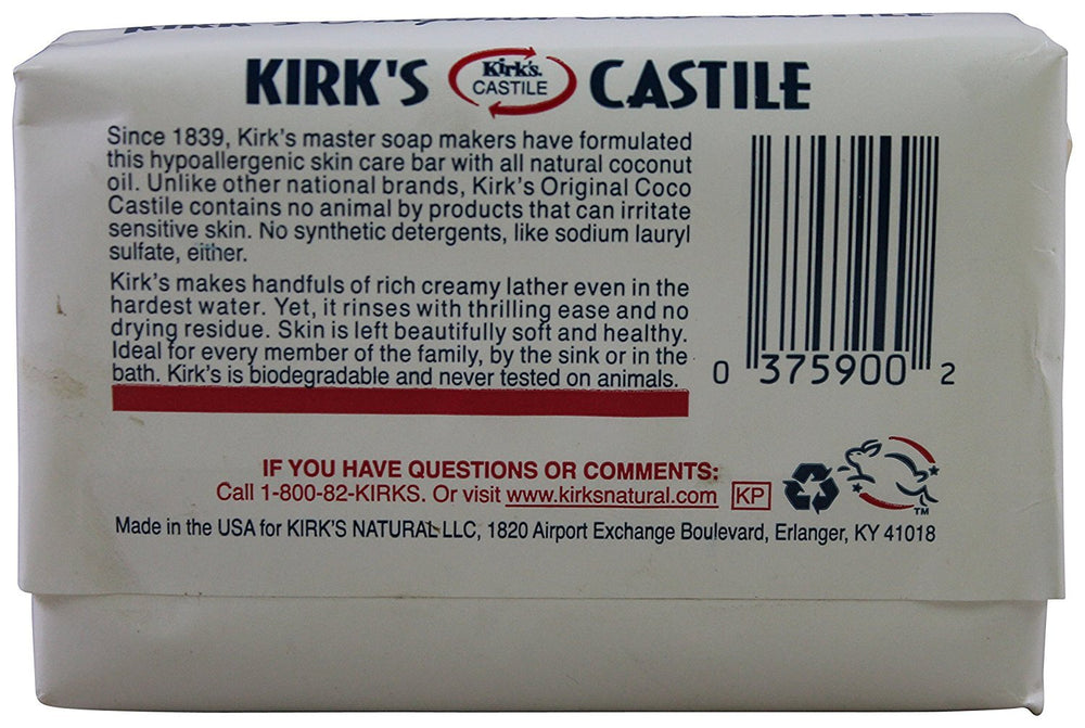 Kirk's Castile Original Coco soap with soft lather for daily gentle cleansing.