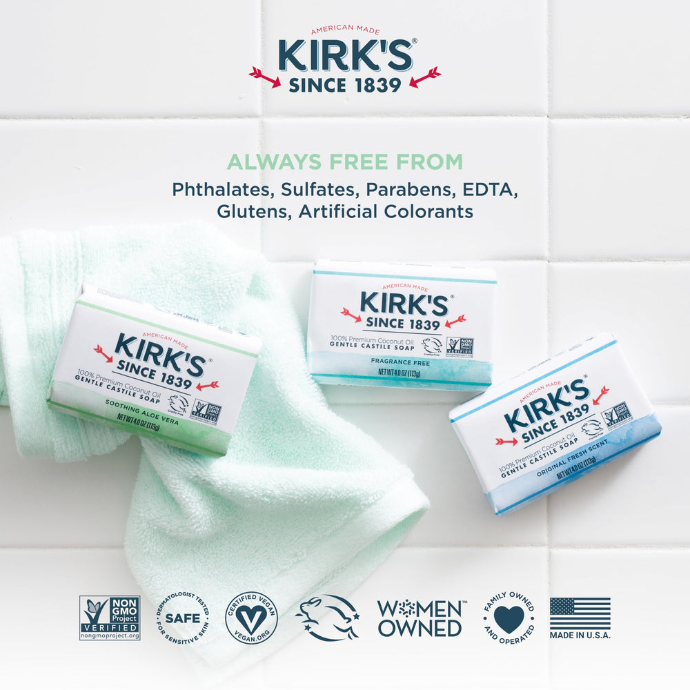 Kirks Coco Castile Soap on bathroom shelf offers easy everyday cleansing