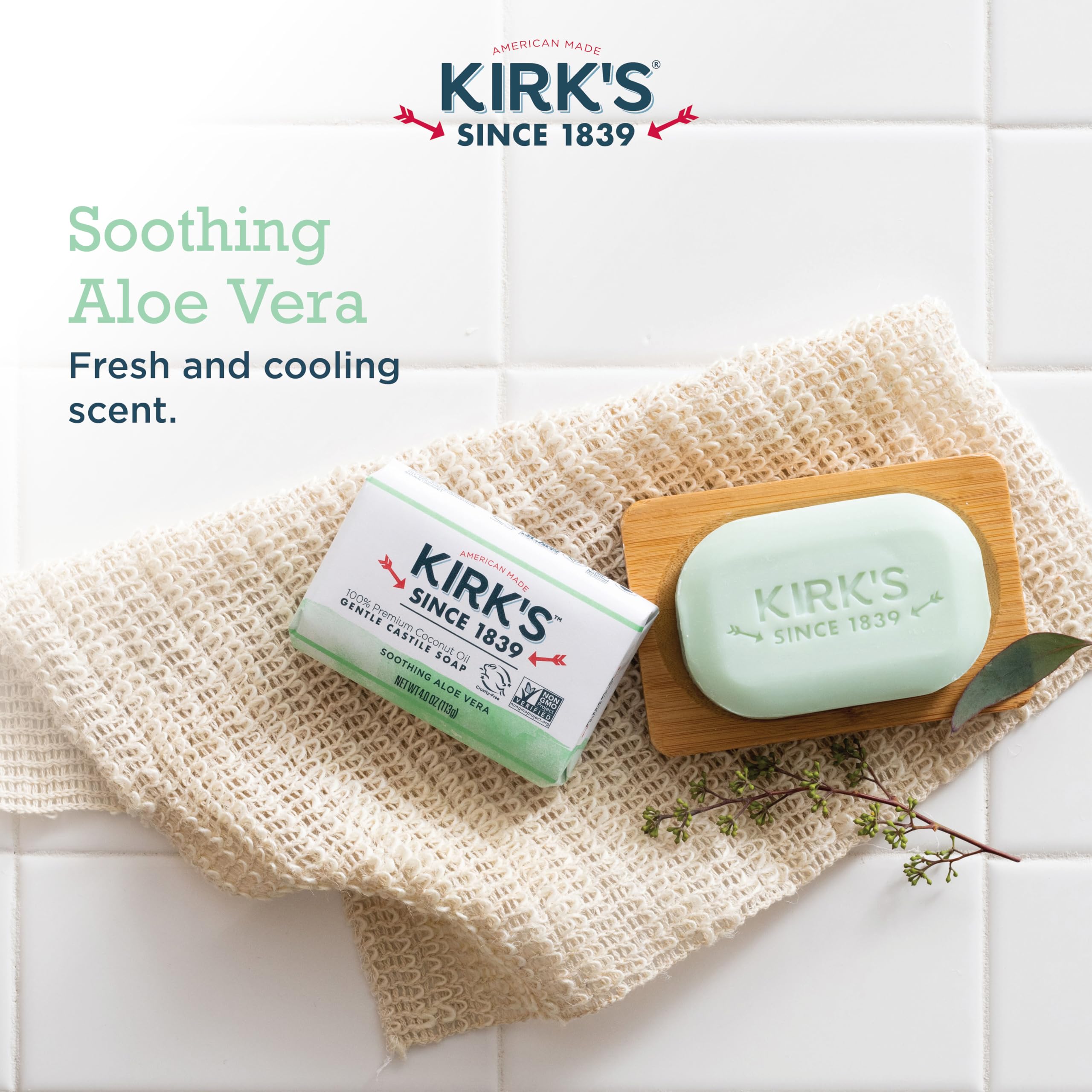 Kirks Coco Castile Soap ingredients image shows coconut oil and aloe vera for nourishment