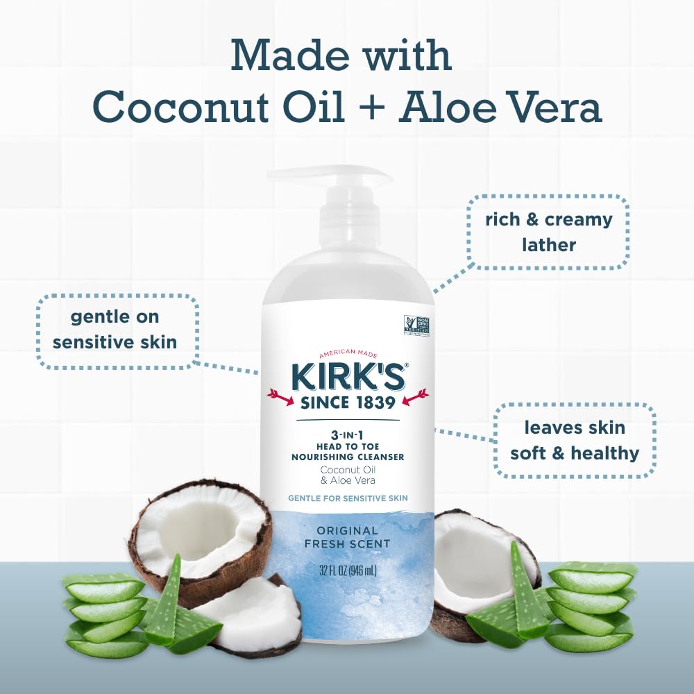 Kirks coconut oil aloe vera lather image shows hydrating, gentle cleansing for the whole family.