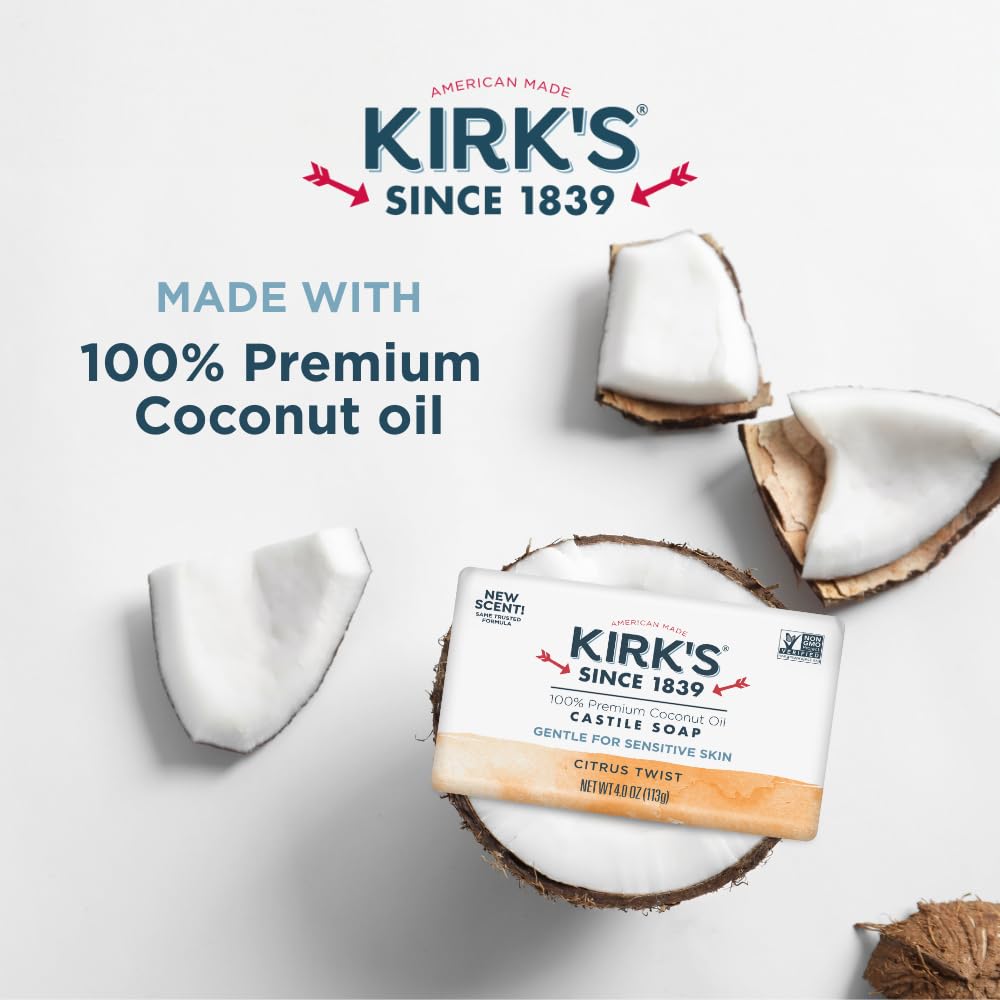 Kirks coconut oil ingredients label highlights natural hydrating cleanse for sensitive skin.