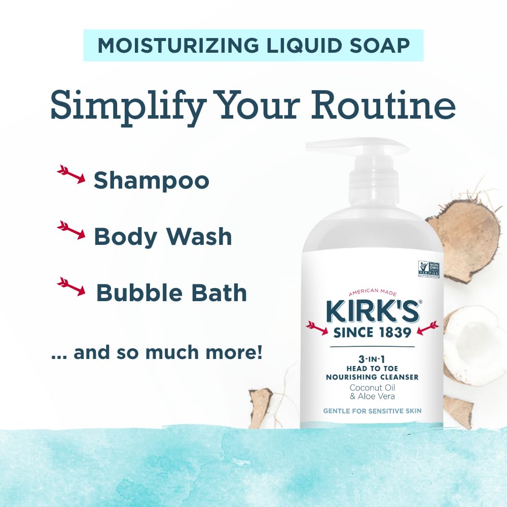 Kirk's 3-in-1 product in family-use setting illustrates head-to-toe cleansing simplicity.