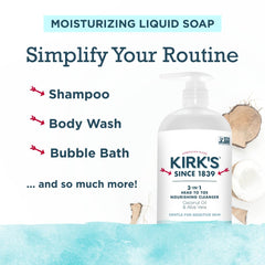 Kirk's 3-in-1 product in family-use setting illustrates head-to-toe cleansing simplicity.