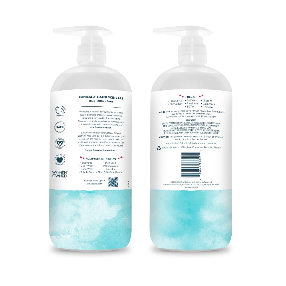 Kirk's fragrance-free label emphasizes hypoallergenic formula for sensitive skin and family use.