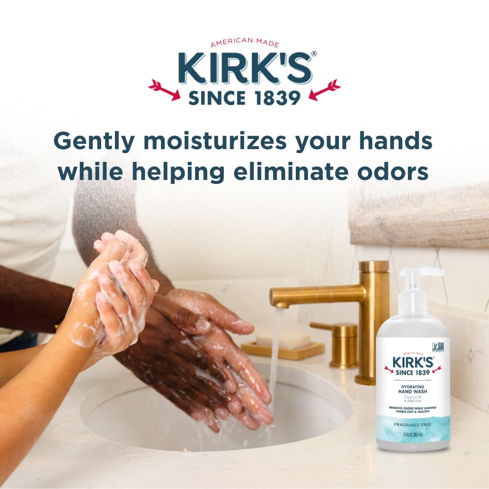 Kirk's Hydrating Hand Wash aloe vera lather highlights soothing hydration for dry skin.