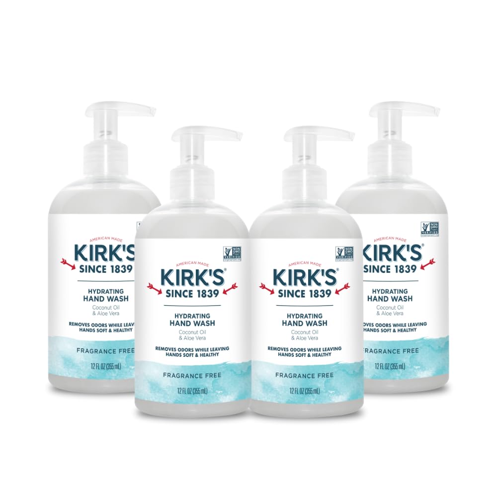 Kirk's Hydrating Hand Wash bottle with coconut oil delivers creamy cleanse for soft hands.
