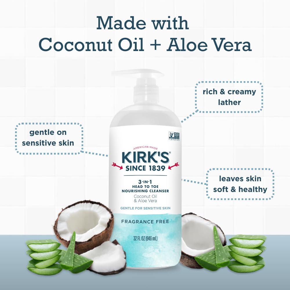 Kirk's coconut oil and aloe vera ingredients closeup highlighting natural moisture.