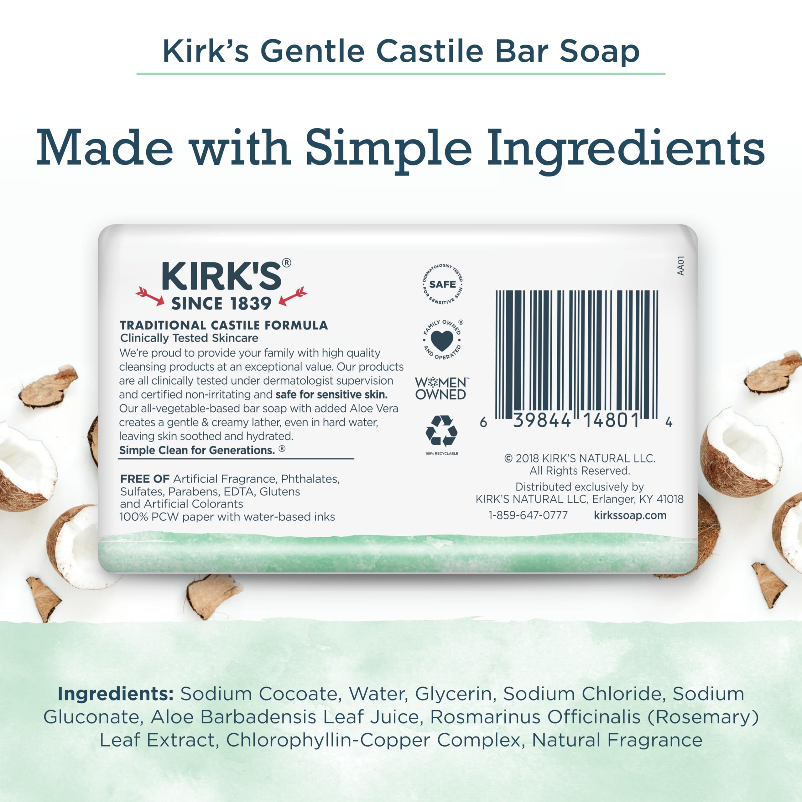 Kirks Coco Castile Soap Aloe Vera close-up emphasizes soothing aloe for sensitive skin