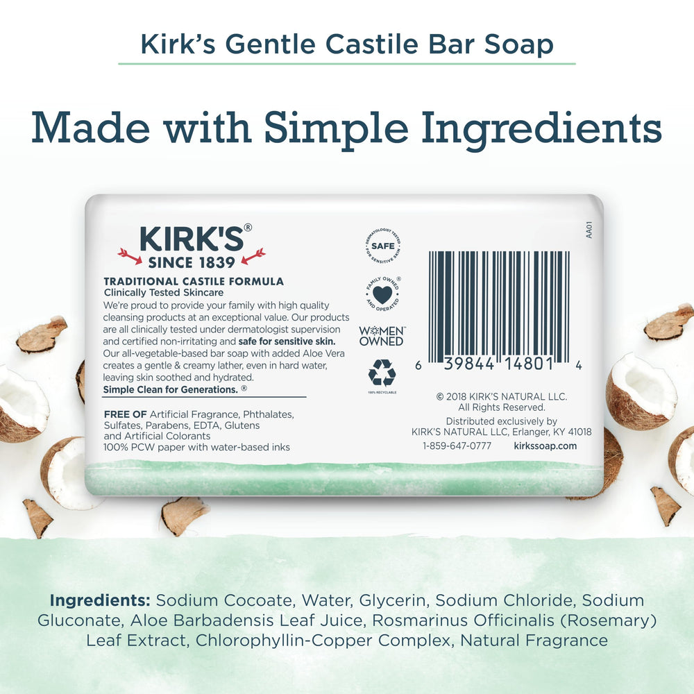 Kirks Coco Castile Soap Aloe Vera close-up emphasizes soothing aloe for sensitive skin