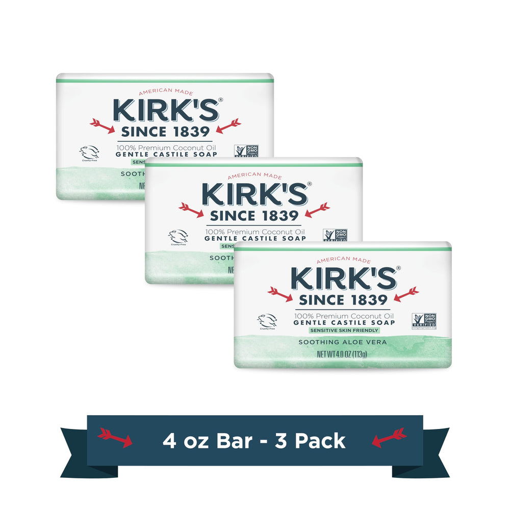 Kirks Natural Original Coco Castile Soap packaging on shelf highlights gentle cleansing