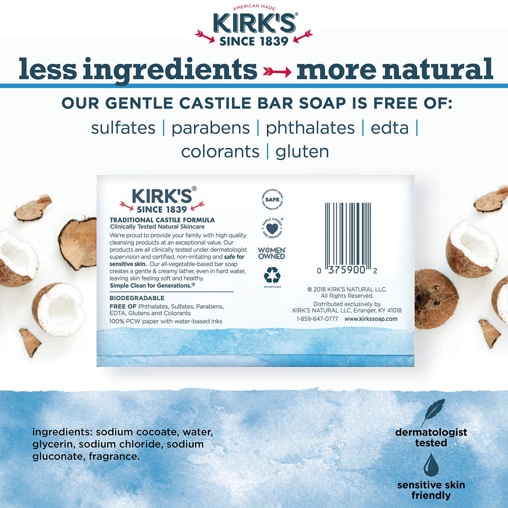 Kirk's Original Coco Castile biodegradable formula supports eco-conscious routines.