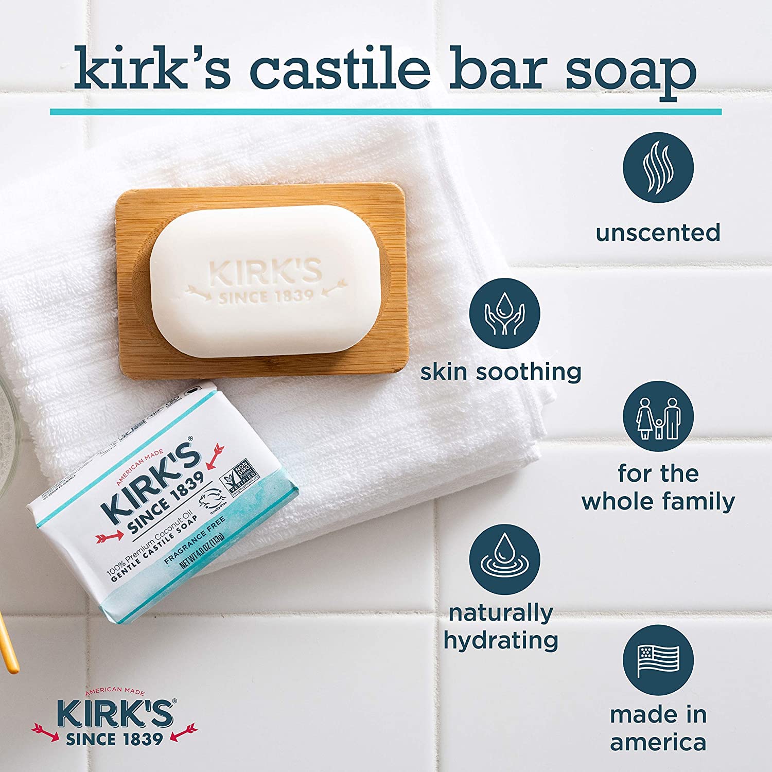 Kirks Original Coco Castile Soap bar close-up highlighting gentle cleansing.