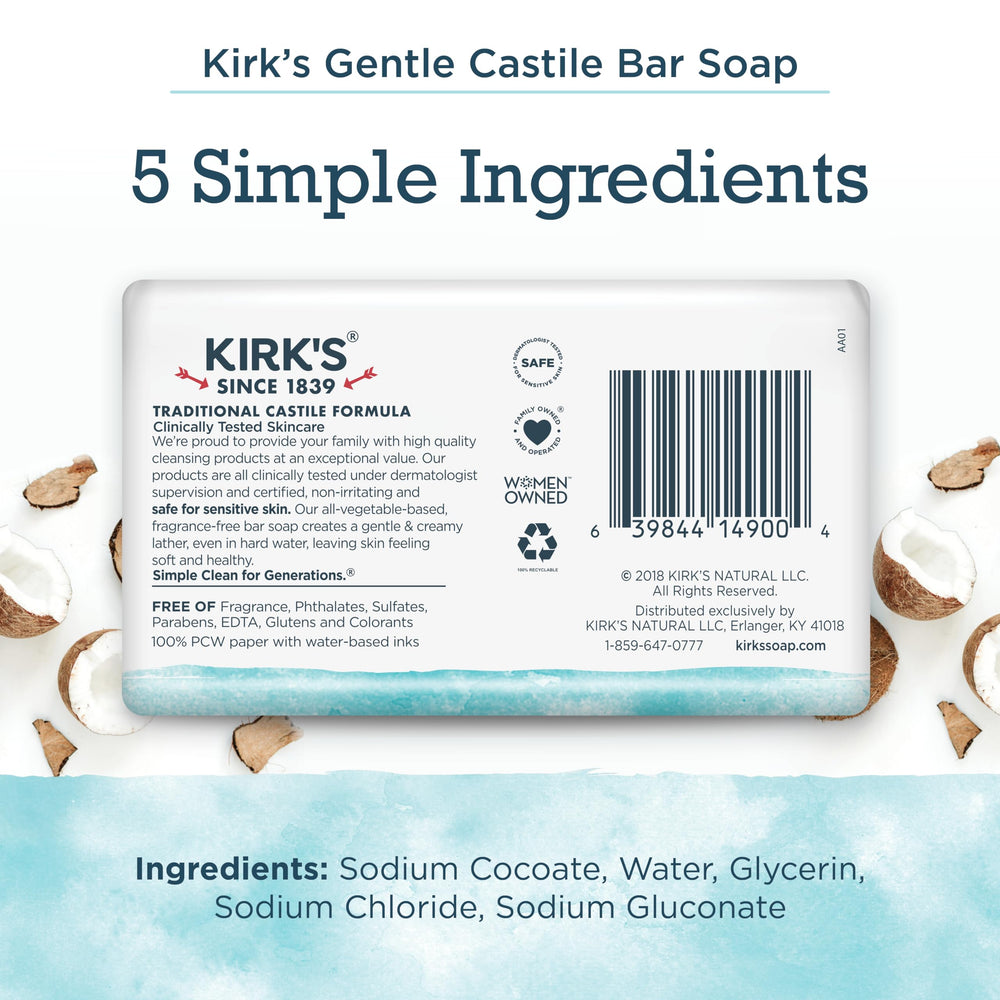 Kirk's Original Coco Castile Soap pack of 18 front view demonstrates value and long-lasting cleansing.