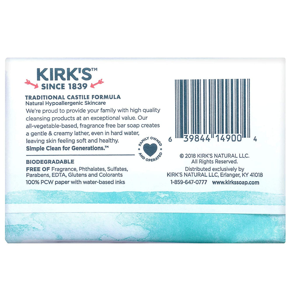 Kirks Original Coco Castile Soap multi-pack front view for easy storage.
