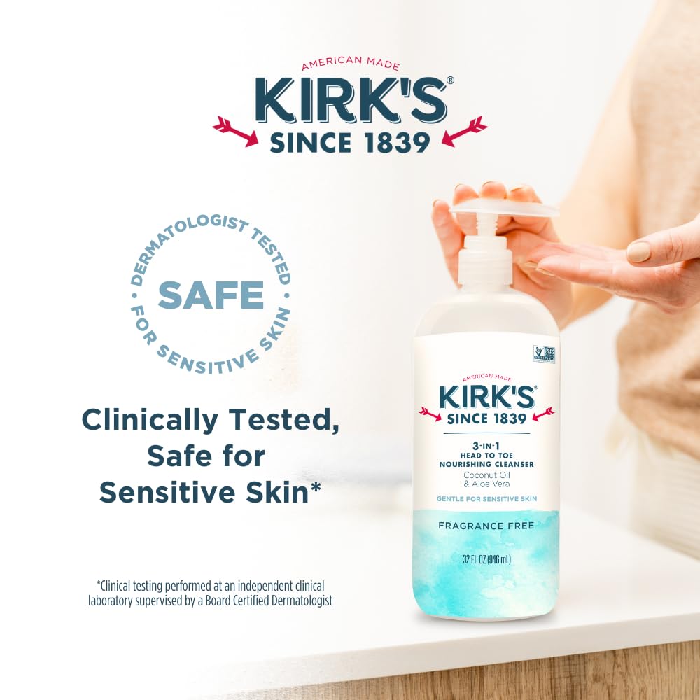 Kirk's pump bottle dispensing shows easy, mess-free use in daily routines.