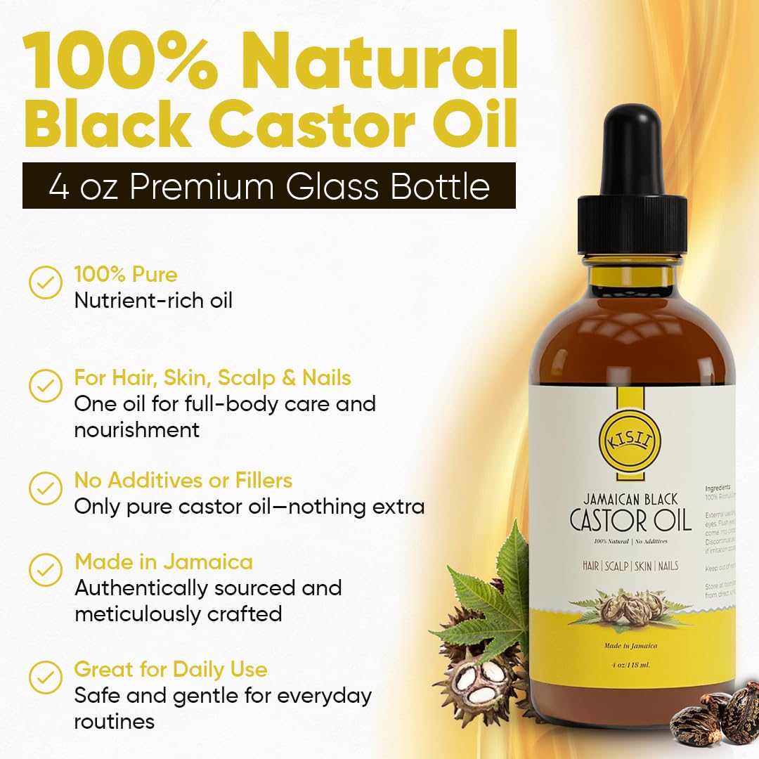 Kisii Jamaican Black Castor Oil glass bottle close-up for skin and nails nourishment.