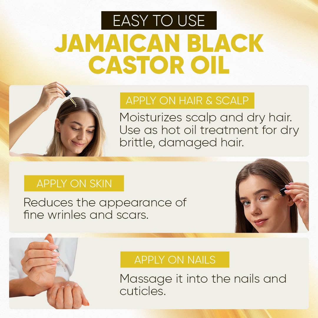 Kisii Jamaican Black Castor Oil on scalp for dry scalp relief and soothing care.