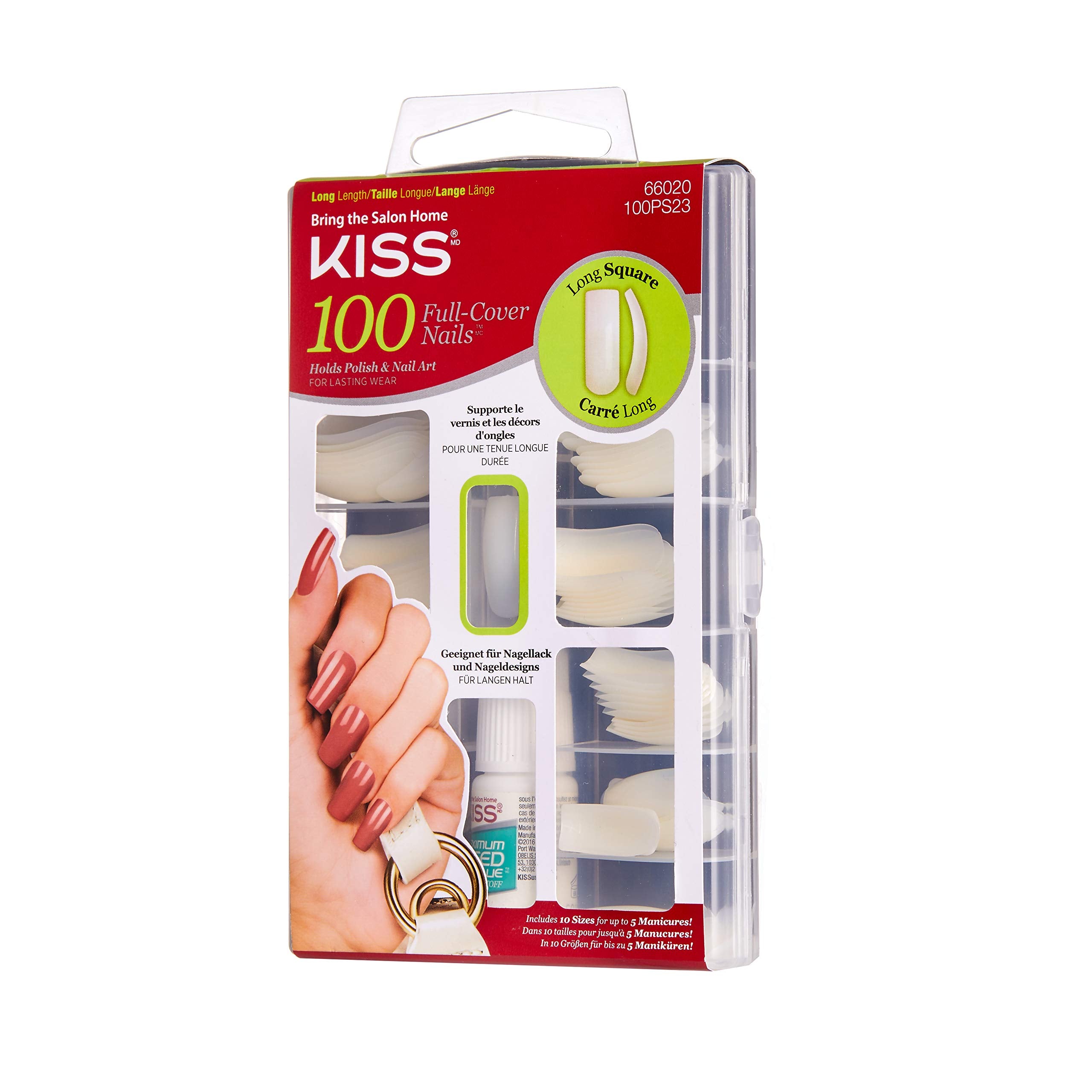 Kiss 100 acrylic plain full-cover nails with 10 sizes enables up to five manicures.