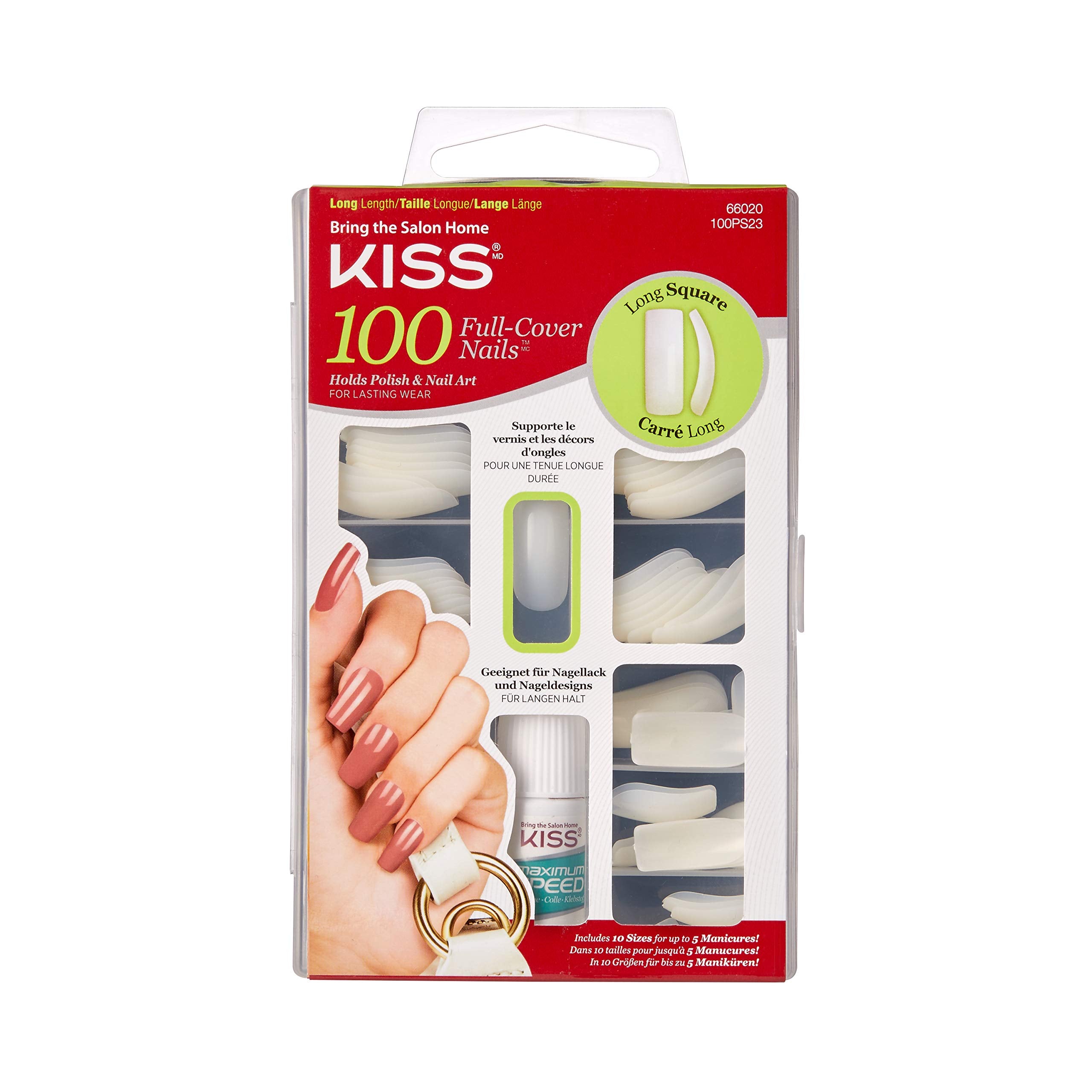 Kiss 100 acrylic plain full-cover nails active long square packaging supports multiple manicures.