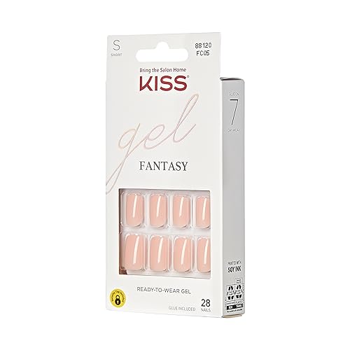 KISS Gel Fantasy Midnight Snacks on hand shows short squoval nails for quick, durable wear.