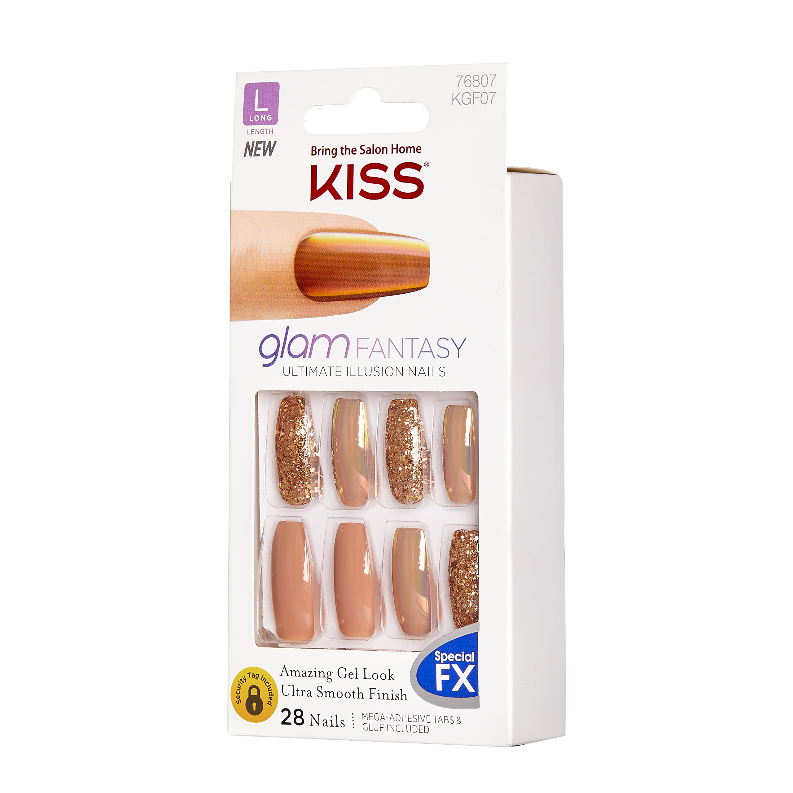 KISS Glam Fantasy Ultimate Illusion Uñas Gel: acabado suave para look de salón en casa.