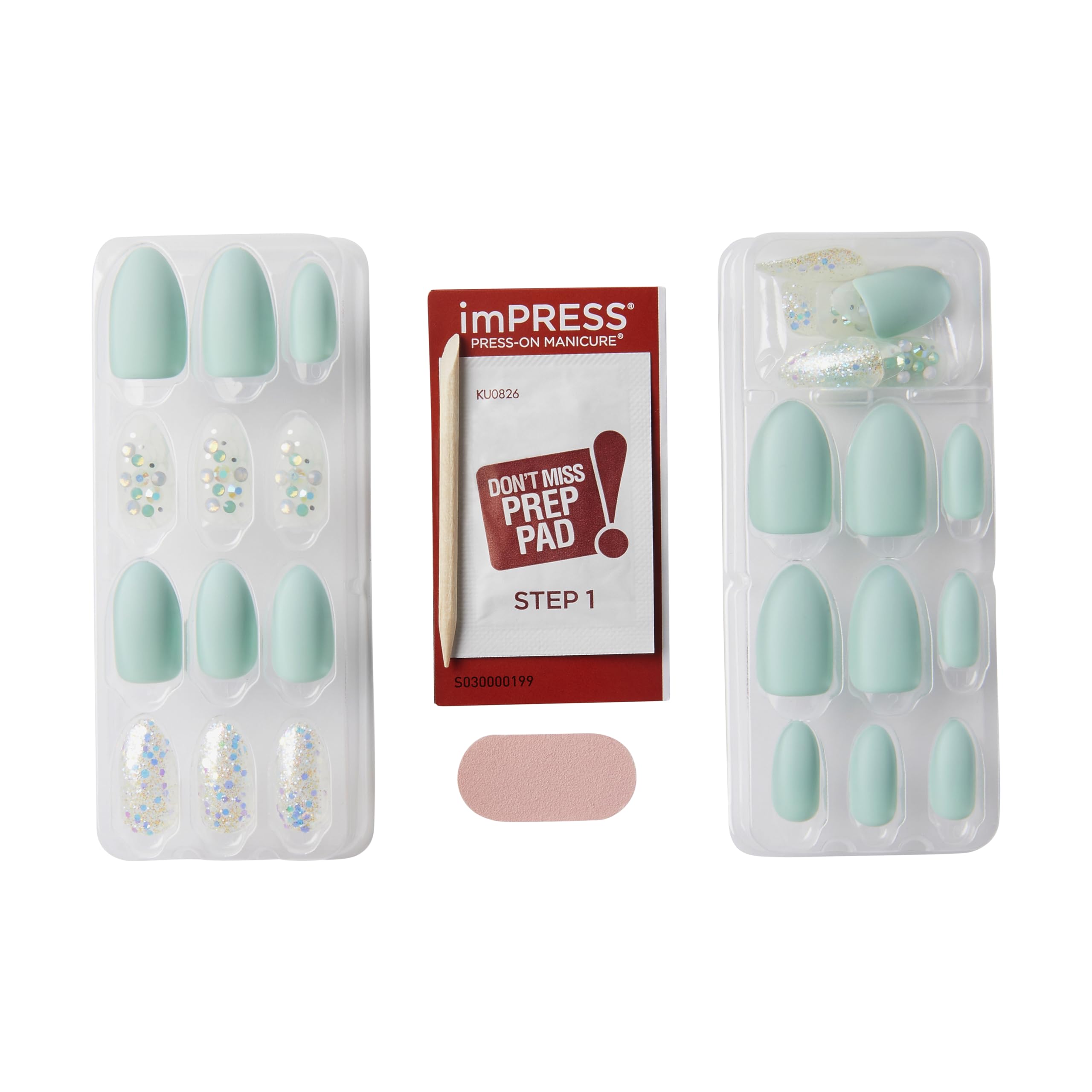 KISS imPRESS Evergreen almond hand displays natural length and shine