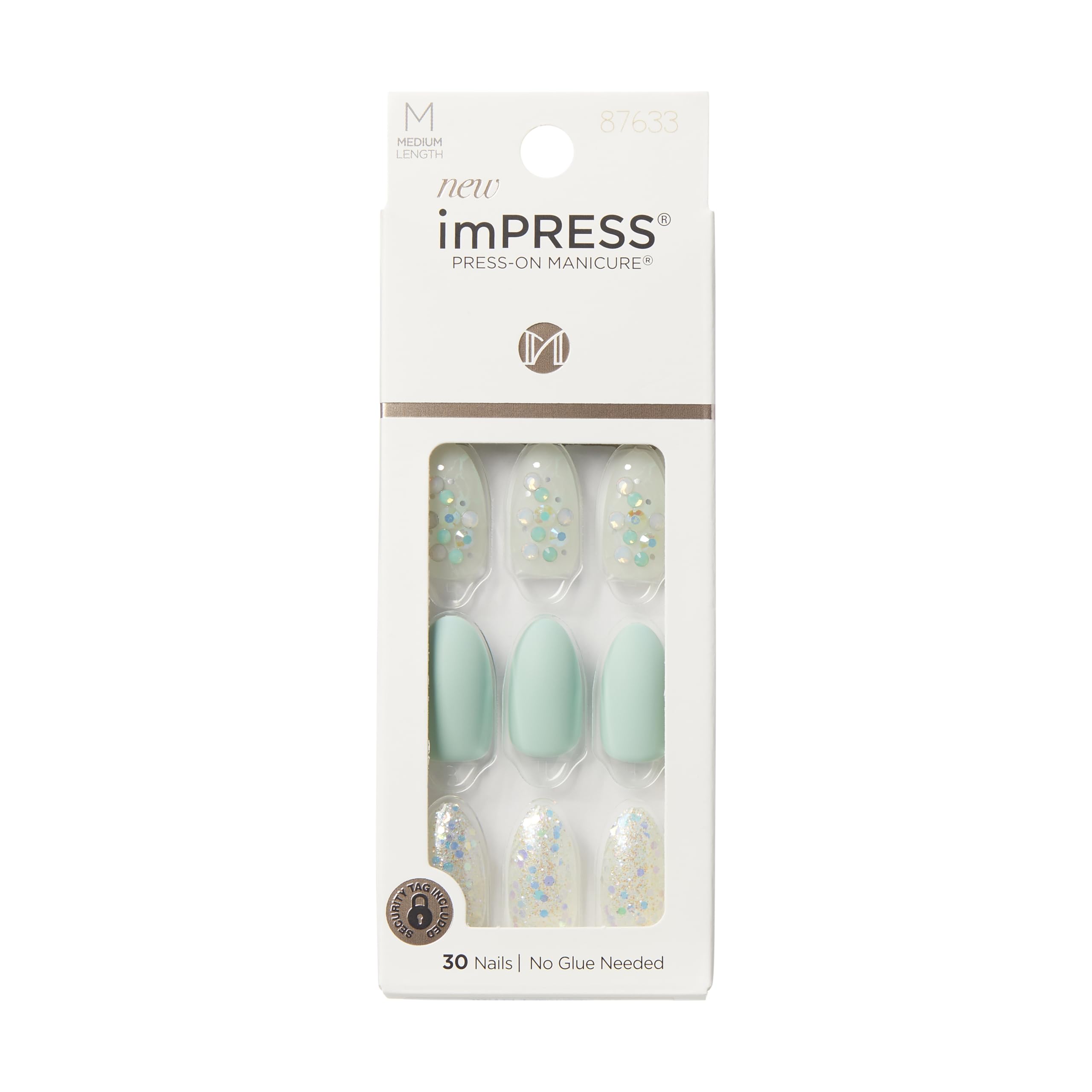 KISS imPRESS Evergreen pack front showing 30 varied nails for a custom fit