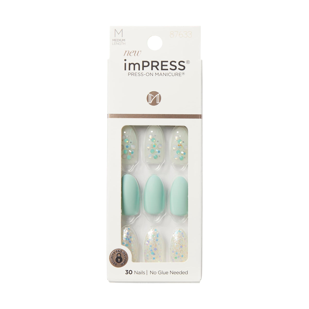 KISS imPRESS Evergreen pack front showing 30 varied nails for a custom fit