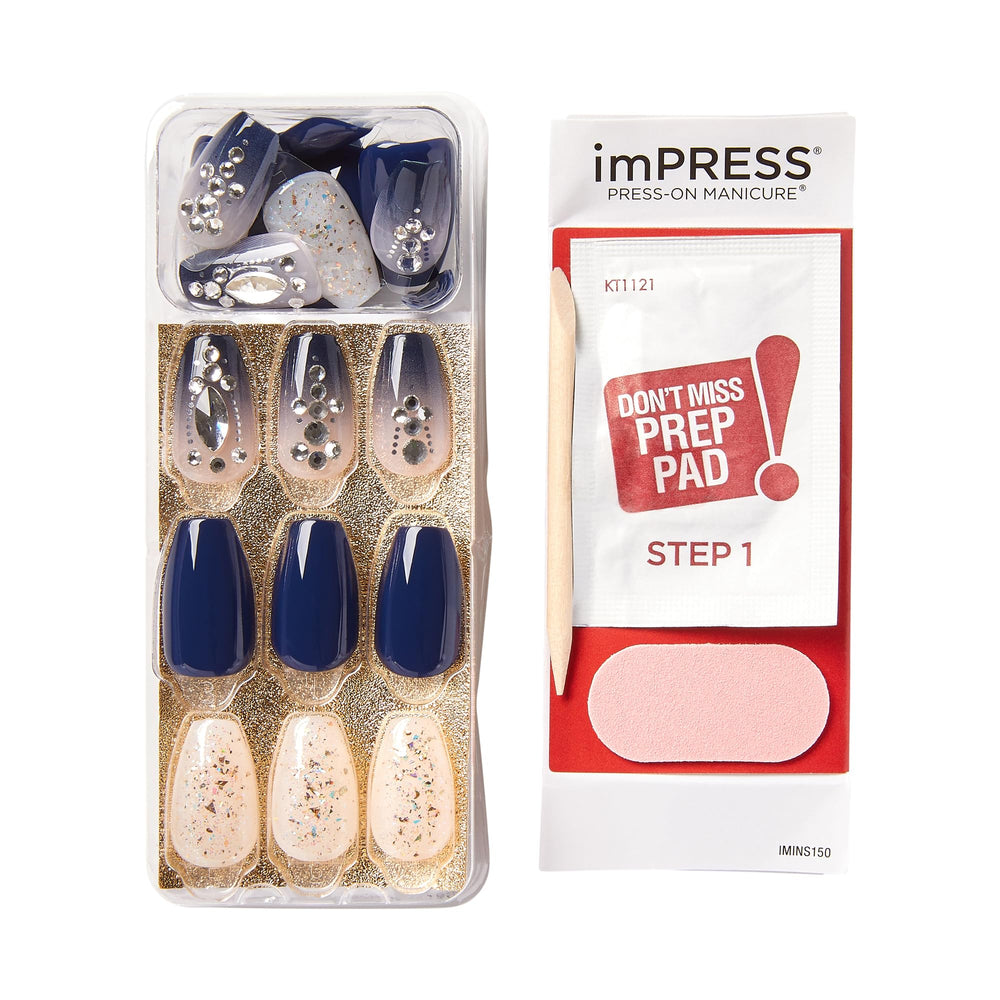 KISS imPRESS No Glue Pedi kit contents including nails and prep tools for at-home pedicure.