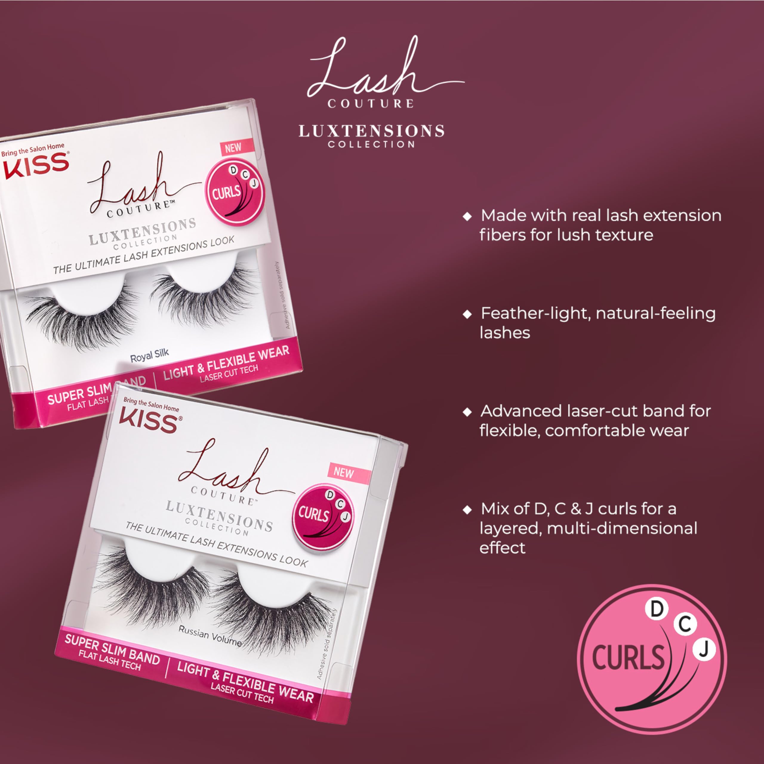 KISS LuXtensions 16mm Russian Volume lashes with D, C and J curls for dramatic volume.