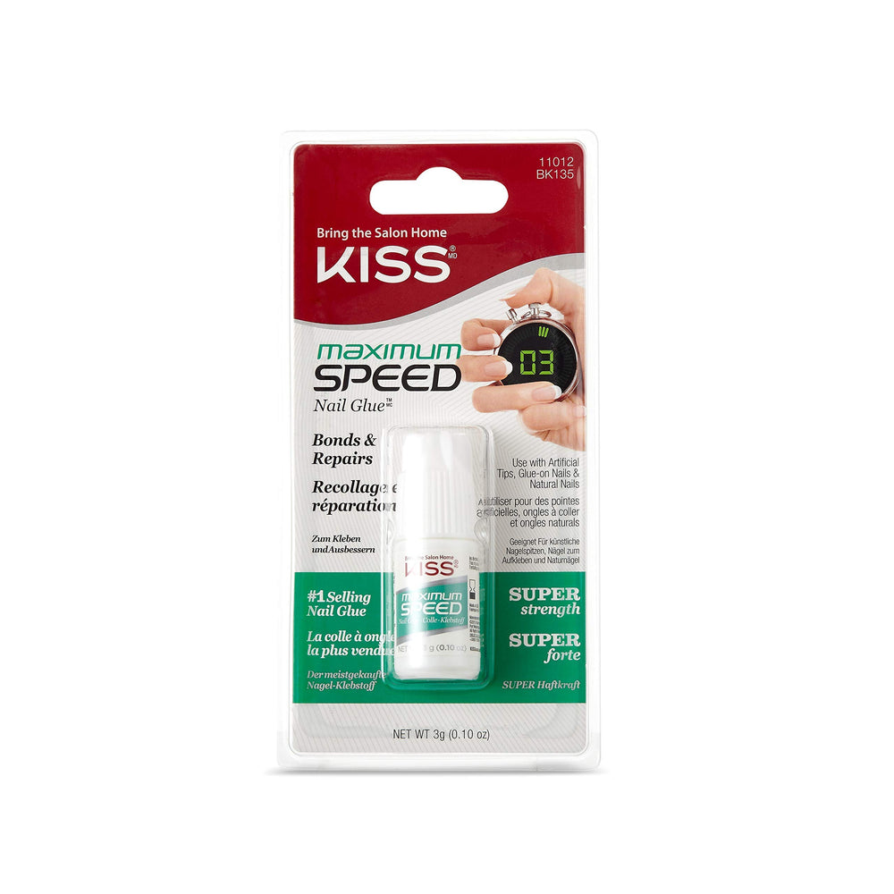 Kiss Maximum Speed Nail Glue 2-Pack tube dispense showing easy flow for fast bonding
