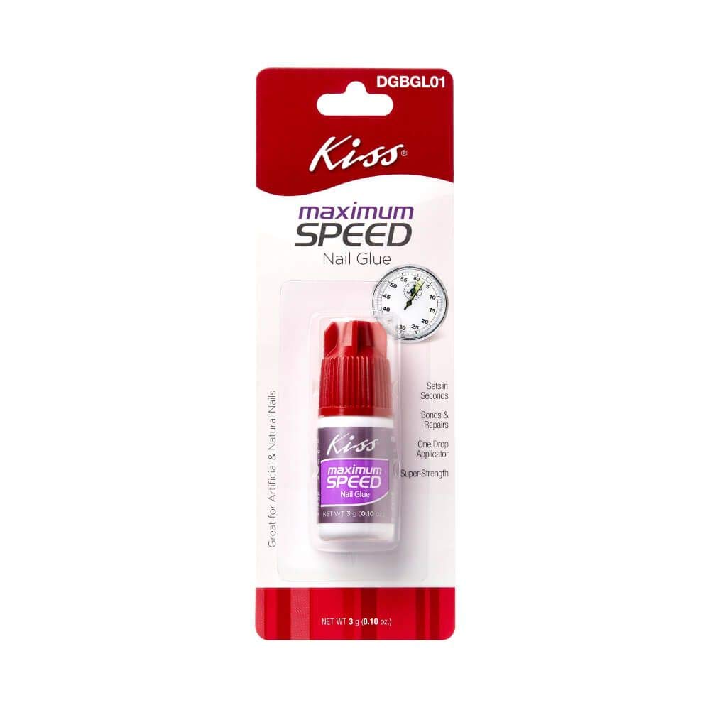 KISS maximum speed nail glue bottle front view highlighting fast, secure nail bonds.
