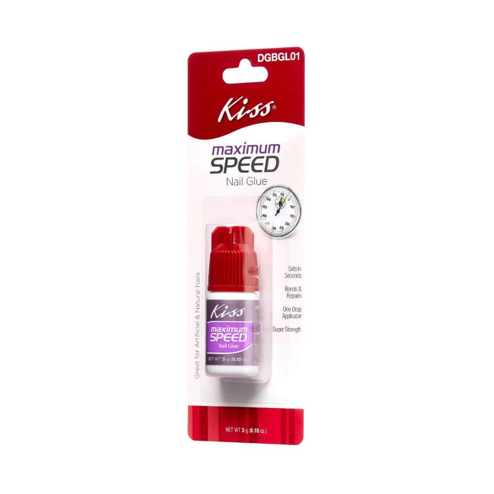 KISS maximum speed nail glue dry-time close-up shows rapid adhesion for quick repairs.