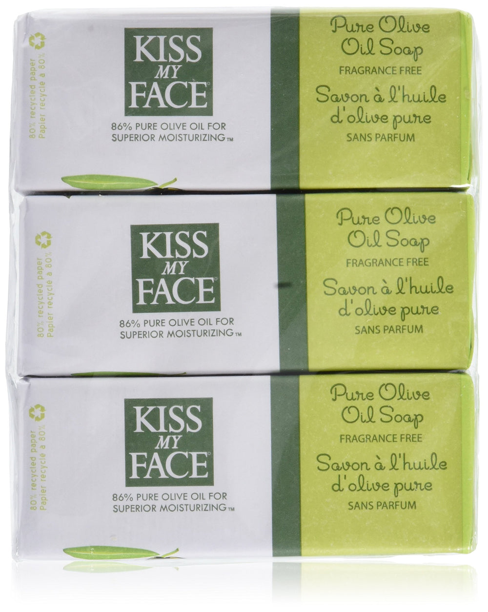 Kiss My Face Pure Olive Oil bar soap six-pack on display, ideal for daily gentle cleansing and moisture