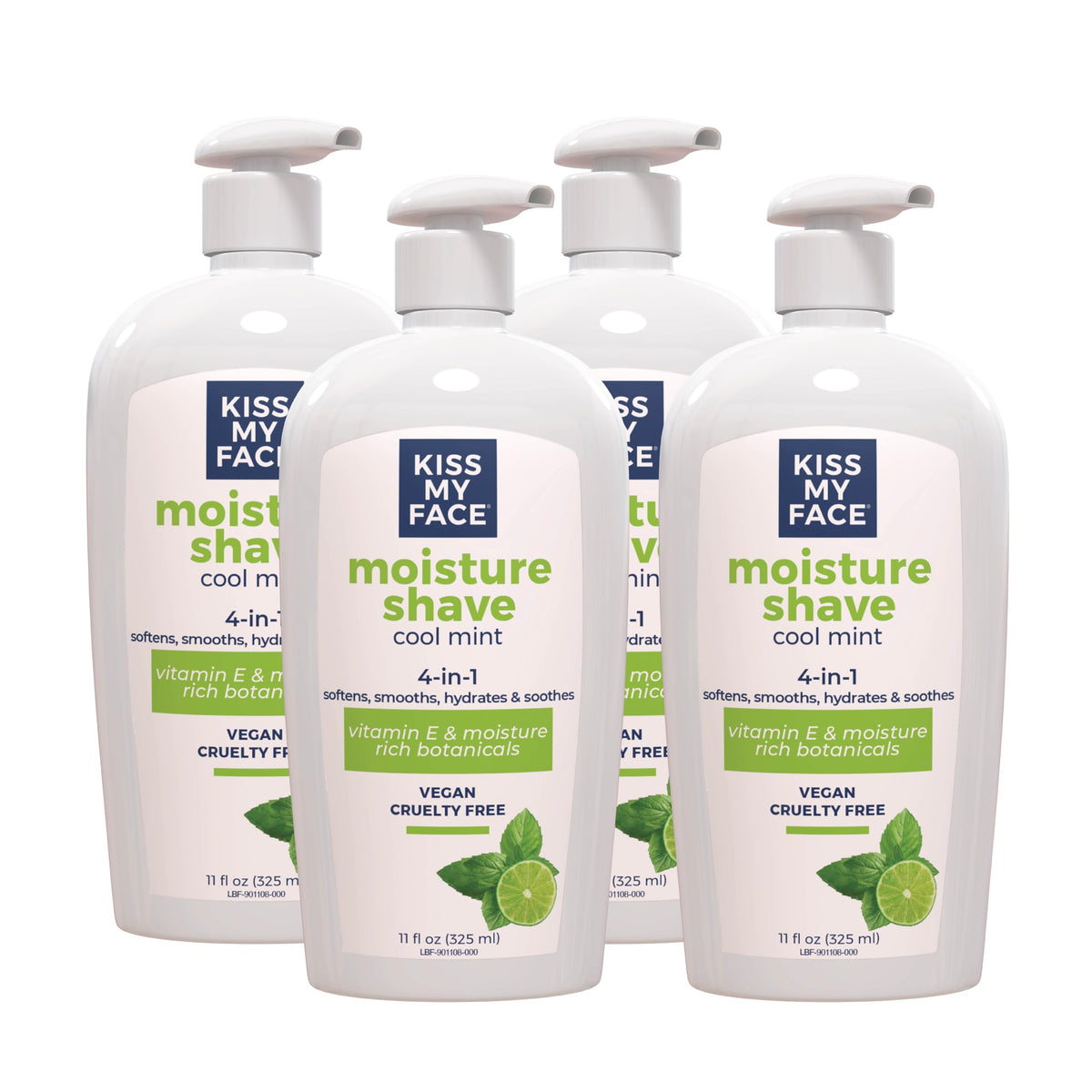 Kiss My Face Moisture Shave Cream Cool Mint bottle highlights olive oil and aloe for a smooth shave.