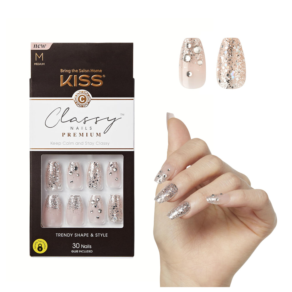 Kiss New York Classy My Muse pink coffin nails with 3D jewels for salon-at-home look