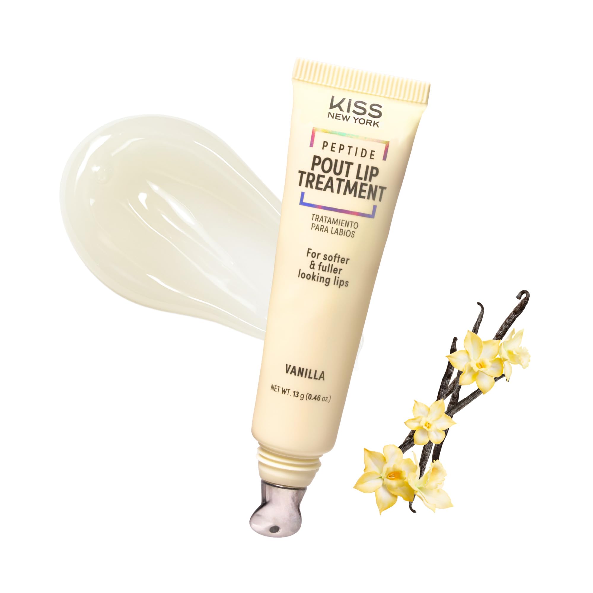 KISS NEW YORK Peptide Lip Treatment bottle close-up highlights hydrating formula for smoother lips