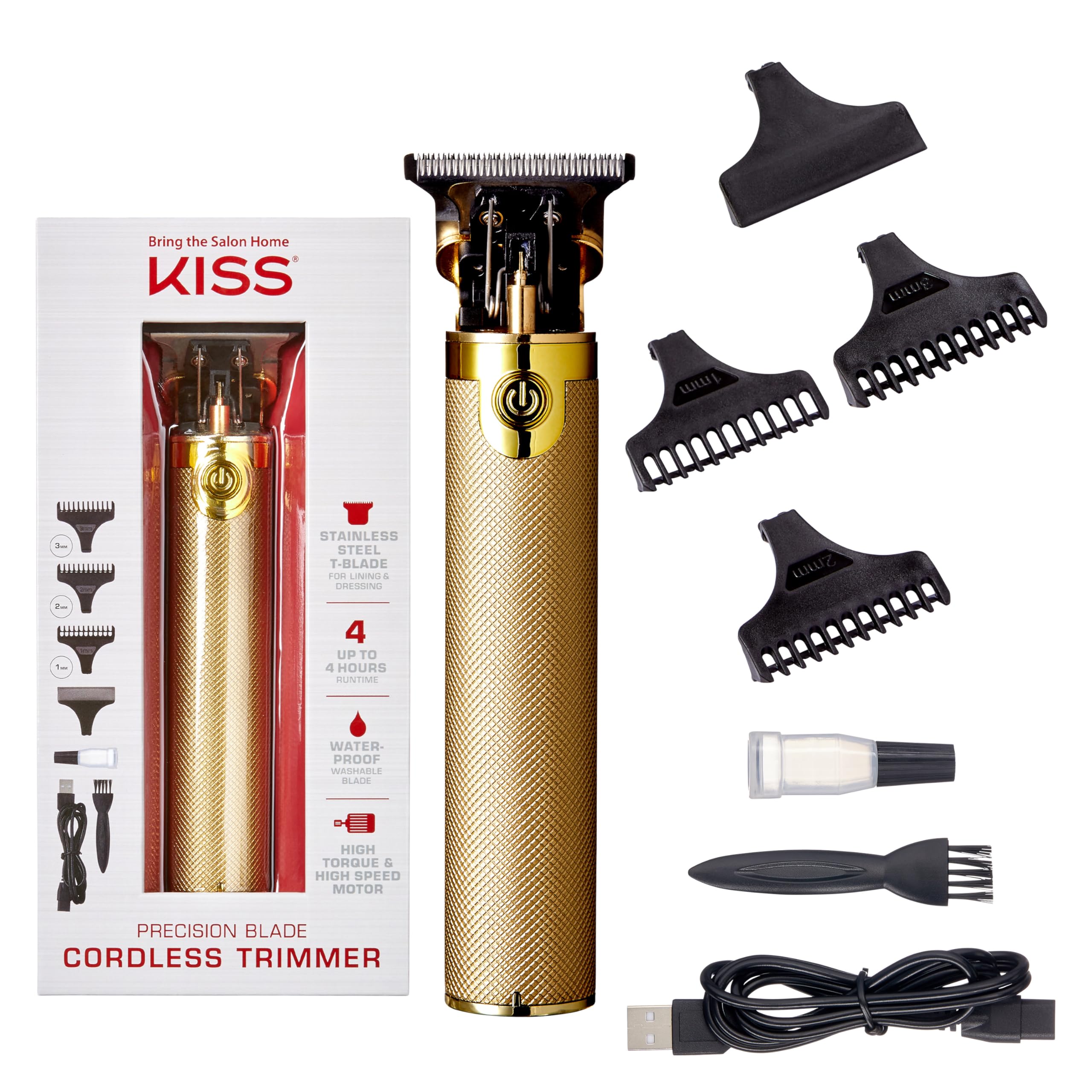 KISS Precision Blade Trimmer with stainless T-blade for sharp edges on all hair types.