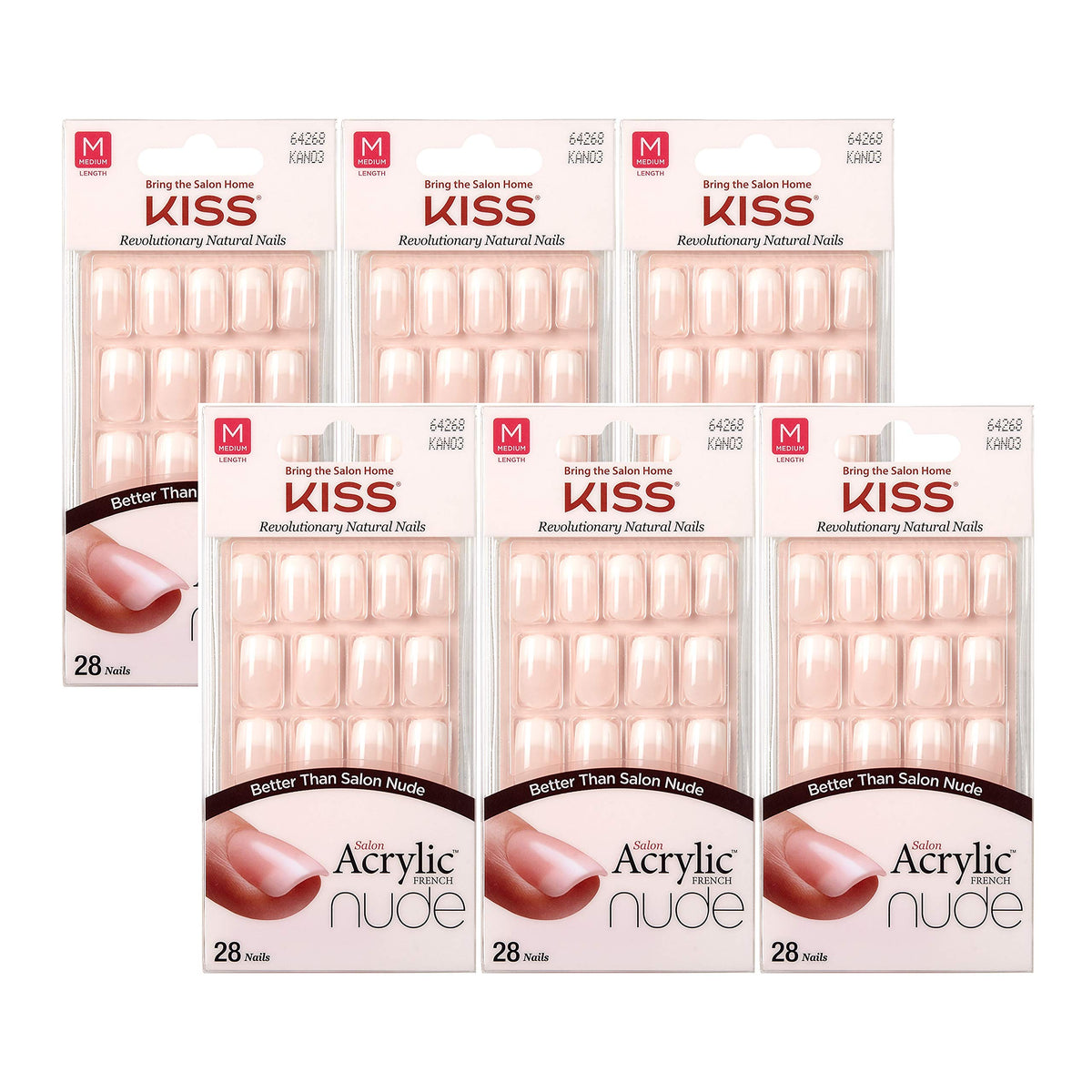 KISS Salon acrylic nude French nails laid flat for a natural seamless fit.