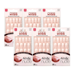 KISS Salon acrylic nude French nails laid flat for a natural seamless fit.