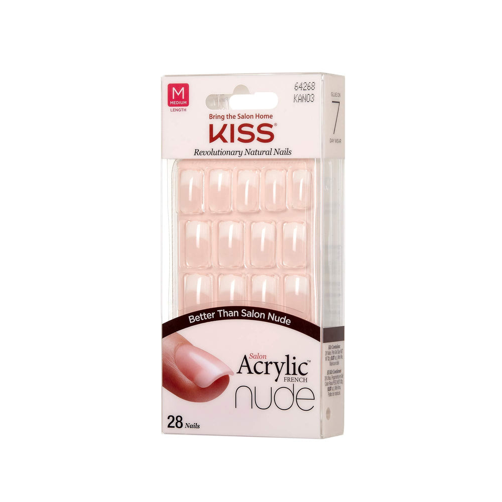 KISS Salon acrylic nude French nails resist chipping with a strong tip.
