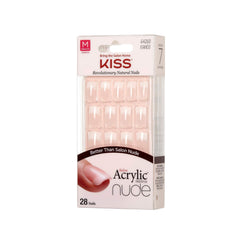 KISS Salon acrylic nude French nails resist chipping with a strong tip.