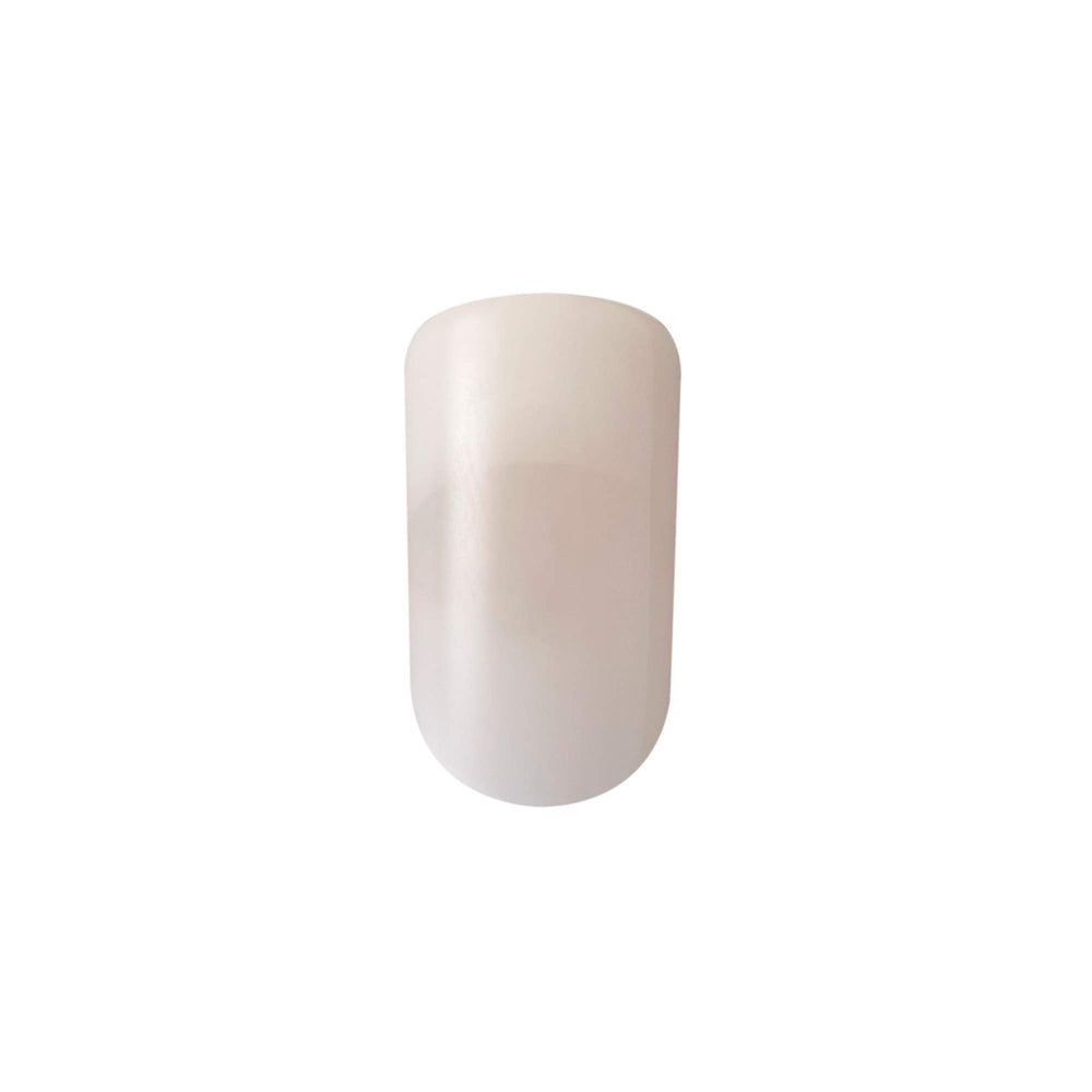 KISS Salon acrylic nude French nails present a natural manicure with subtle edges.