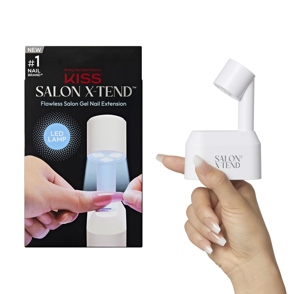 KISS Salon X-tend lamp angled view enables precise at-home gel nail extensions.