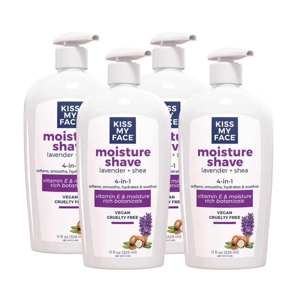 Kiss My Face Moisture Shave bottle pump with lavender-shea formula for smooth, nourished skin.