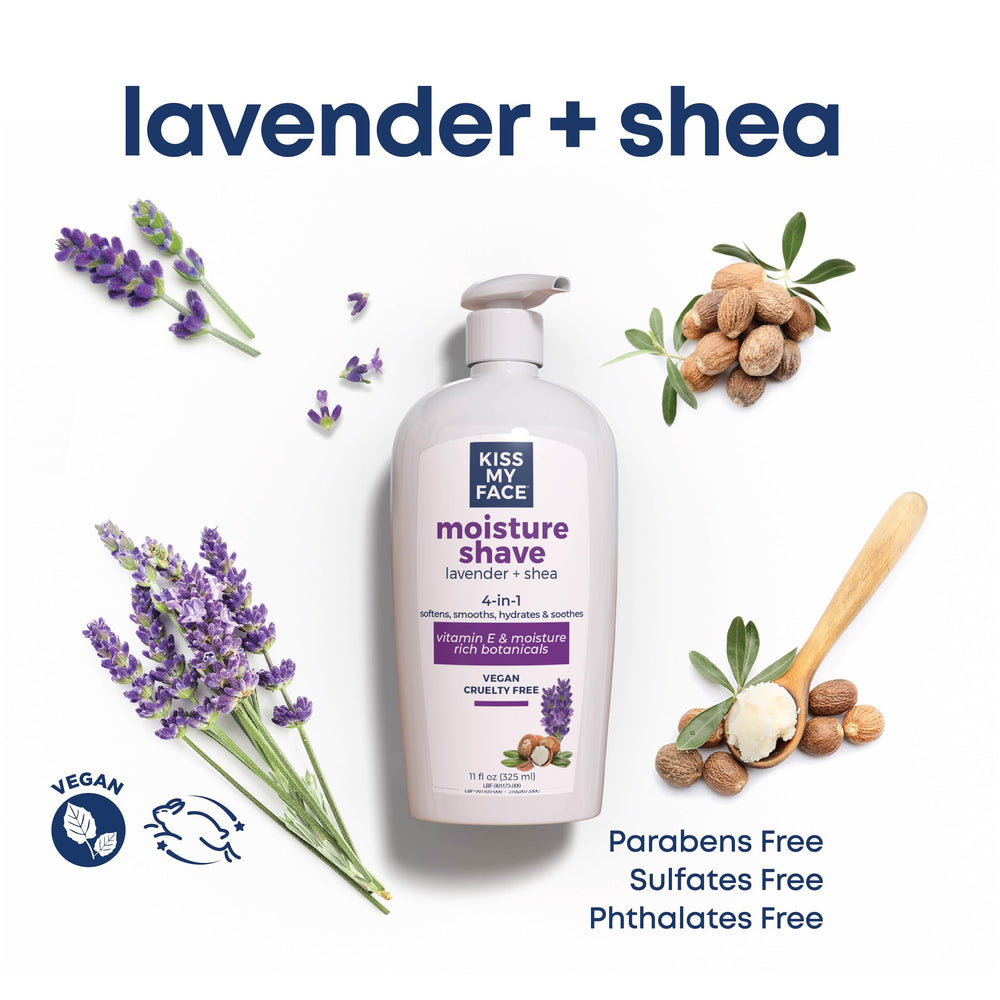 Kiss My Face Moisture Shave lavender aroma bottle demonstrates calming scent during shave.